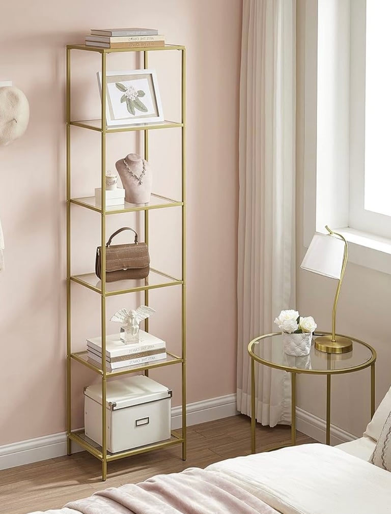 Glass Shelf Bookcase Steel Structure Gold Colour