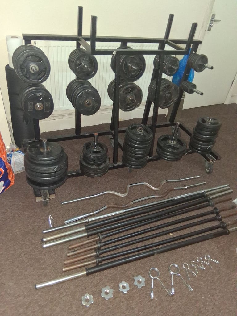 image for 180kg weights plus rack plus 10 x bars and 6 grips