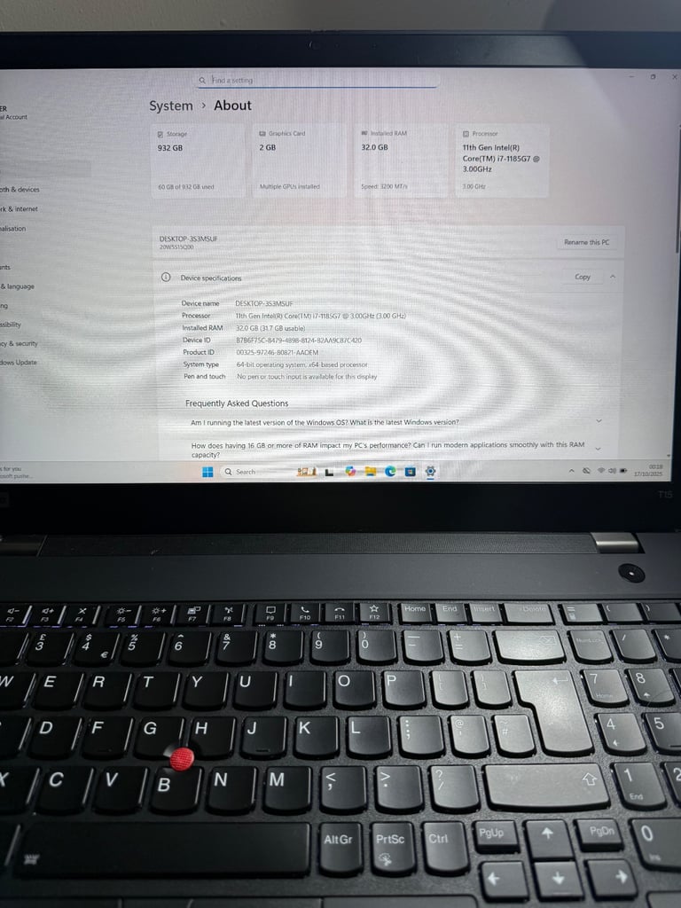 Lenovo Thinkpad T15 Intel i7 1185G7 4.8ghz,32gb ram,1TB Nvme,Nvidia Mx450 2Gb GPU Windows 11 Pro