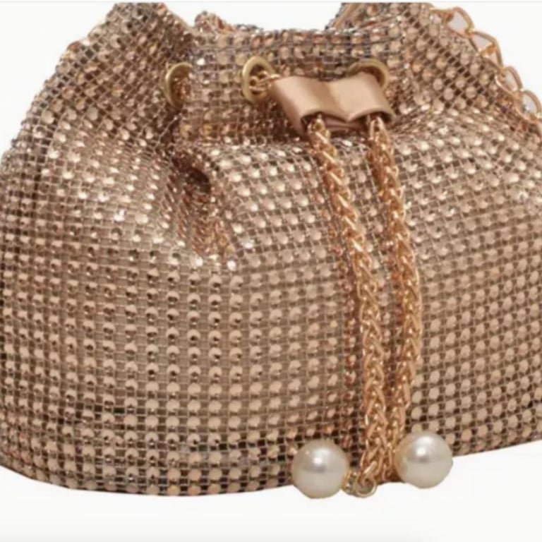 image for Black/Gold Rhinestone Bucket Bag Small Chain Crossbody Bag, Drawstring Prom Bag.