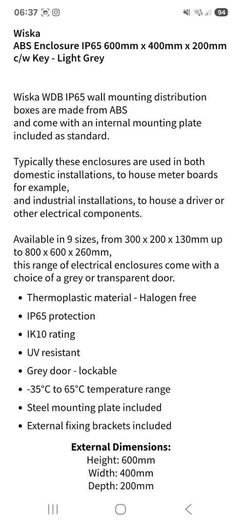 ABS Enclosure IP65 600mm x 400mm x 200mm c/w Key - Light Grey