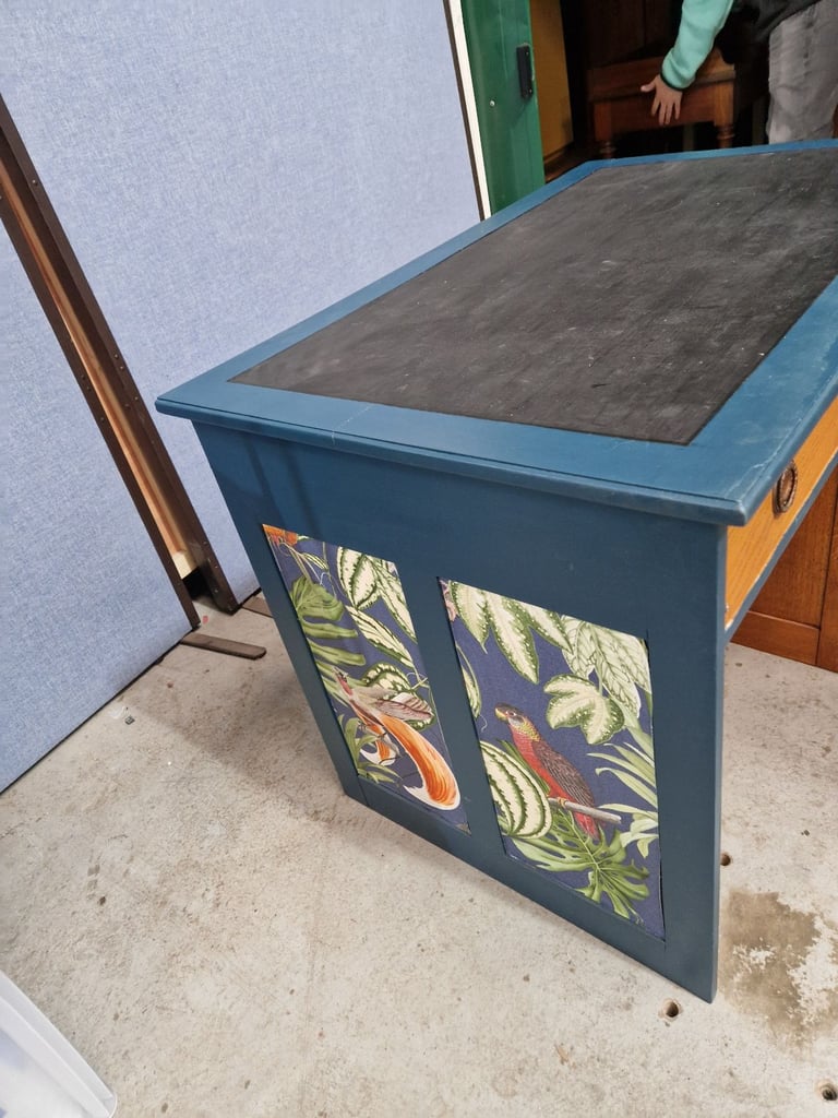 Stunning upcycled vintage wooden desk with forest scene designs to sides