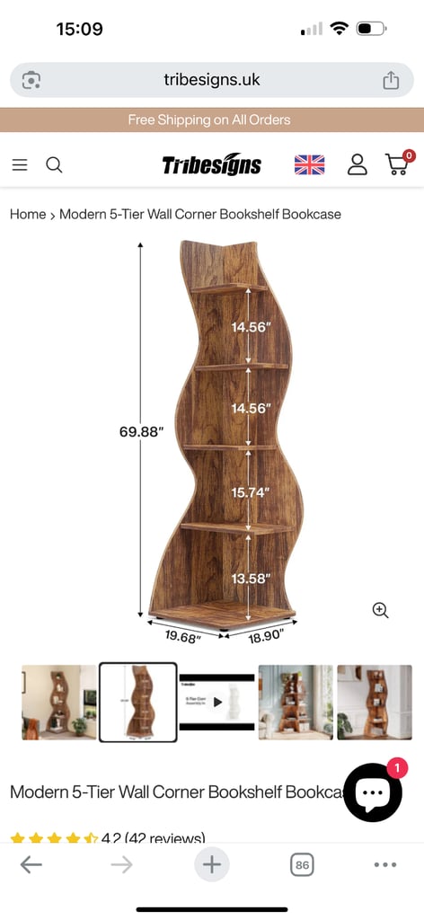🪵 Modern 5-Tier Wall Corner Bookshelf / Bookcase – Stylish Wavy Design