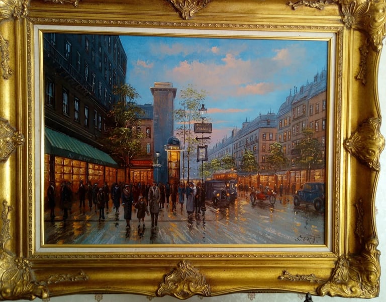 Large Original oil painting by Listed Artist Karoly Szert "Le Side Car"