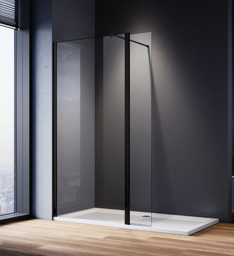 image for New Clear 8mm Walk In Shower Screen + Flipper and Black Fittings 760mm RRP £245 Our Price £160