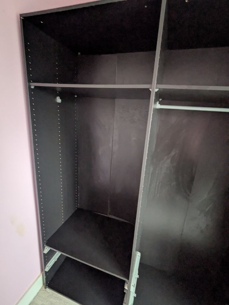 Black Ikea Pax 3 sliding mirror doors triple wardrobe 5 shelfs 3 rails 4 baskets