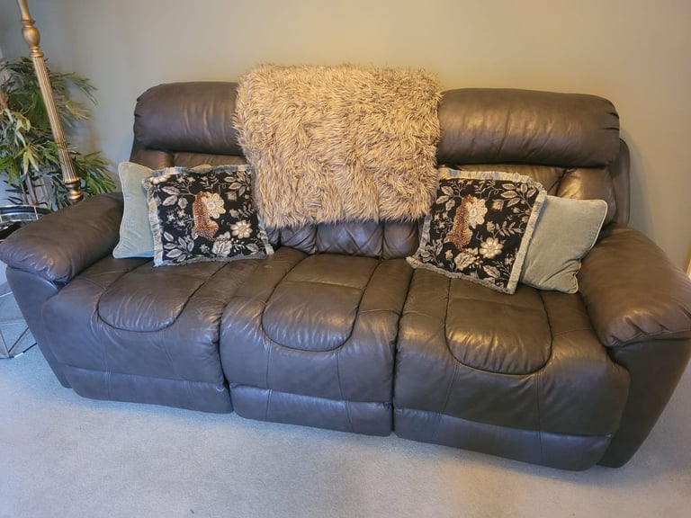 image for 3 Seater Grey Leather Manual Recliner Sofa