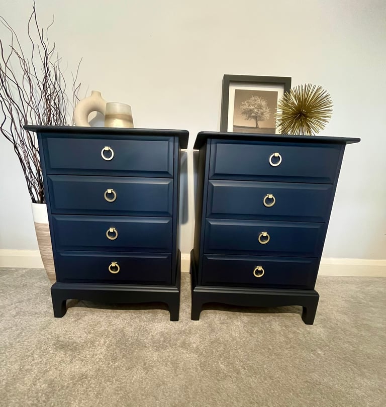 image for Pair of Stag 4 Drawer Bedside Tables Bedside Cabinets Dark Blue. Free Local Delivery 4DBL
