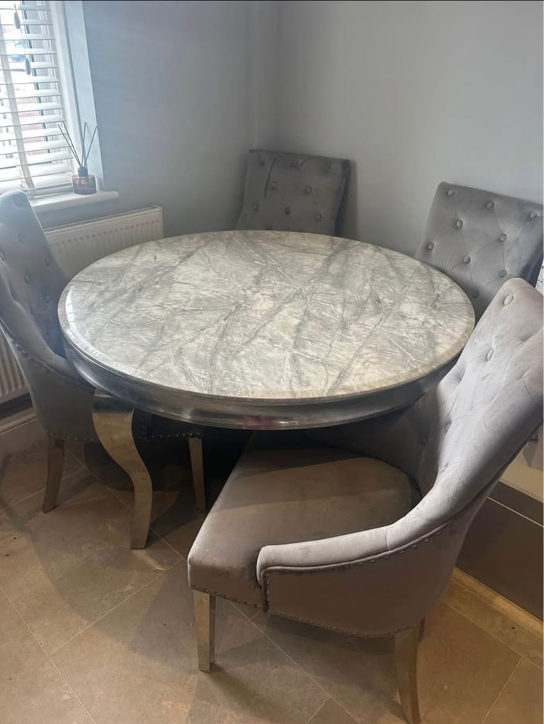 image for grey marble dining room table with 4 grey chairs