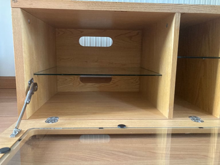 Pine TV stand with shelves, storage and glass fronted door