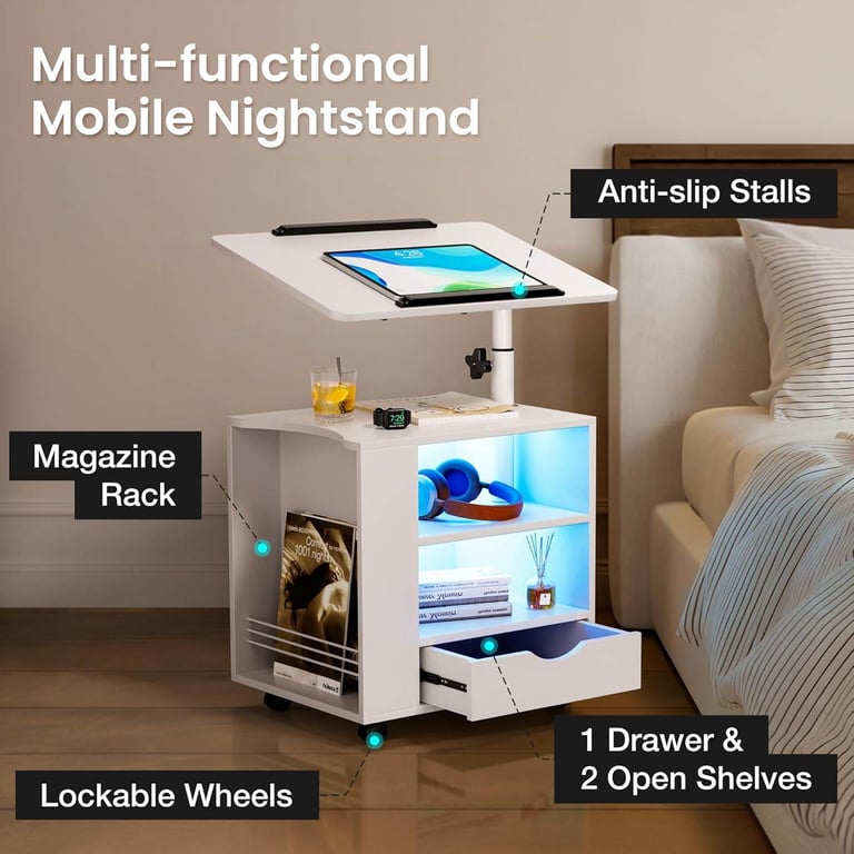 Bedside Table with LED Lights, Nightstand Side Table with Drawers