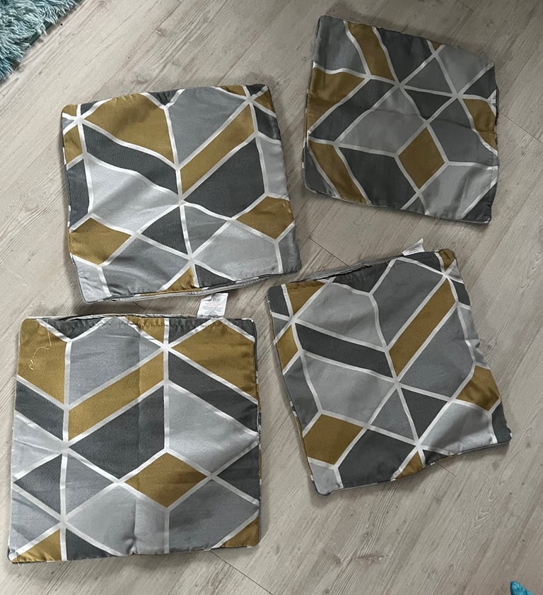 Grey / Silver / Mustard Geometric curtains cushion covers and throws