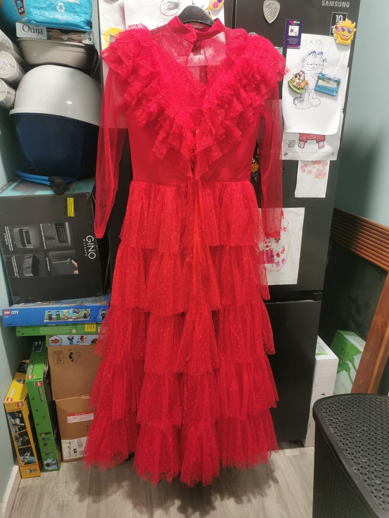 image for Beetlejuice Lydia Deetz Gothic Red Wedding Style Dress Cosplay Costume for Halloween