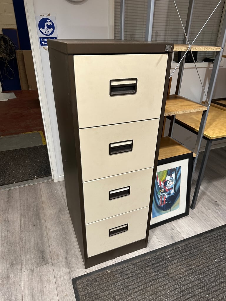 image for 4 Drawer filing cabinet . Cream and brown with key .