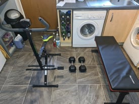 Ab trainer, weight bench, 10kg rubber dumbells 