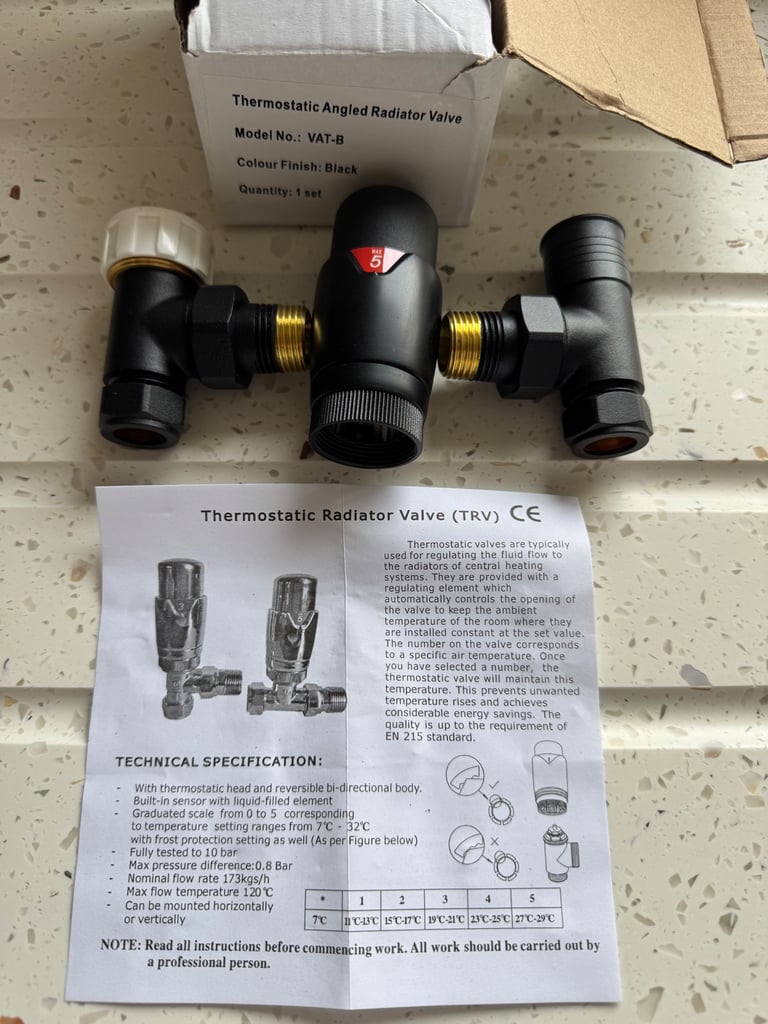 Thermostatic angled radiator valves black brand new boxed