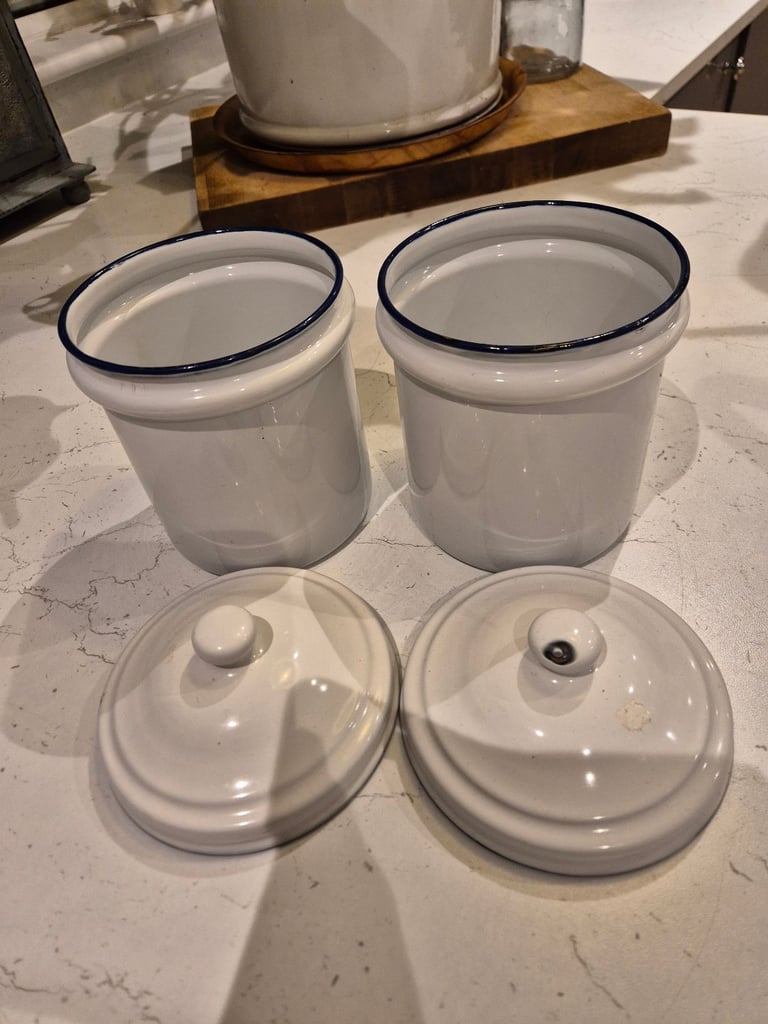 Vintage enamel jug and 2 enamel pots