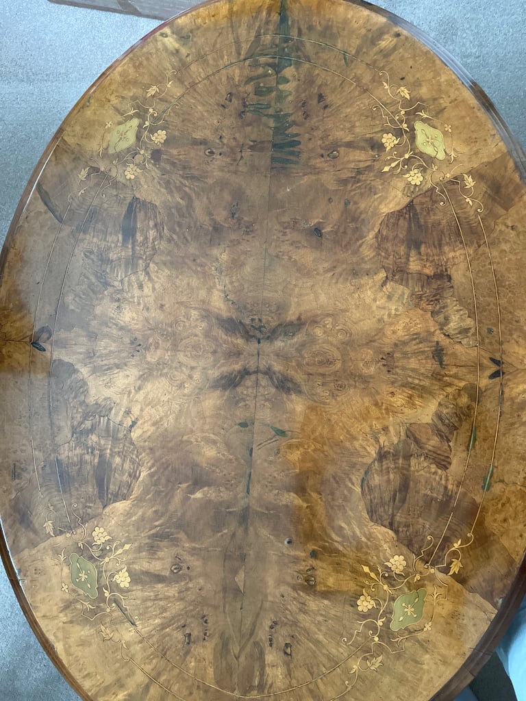 Antique Inlaid Burr Walnut coffee table with removable glass cover