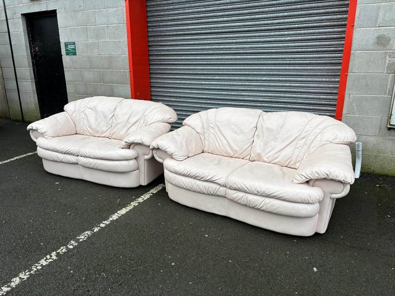 Cream Leather 2 and 2 Seater Sofas 