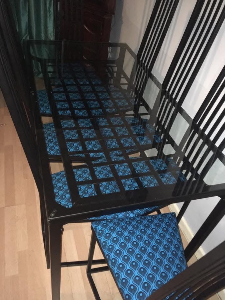 image for IKEA Granas Glass top dining table and 8 very high back chairs 