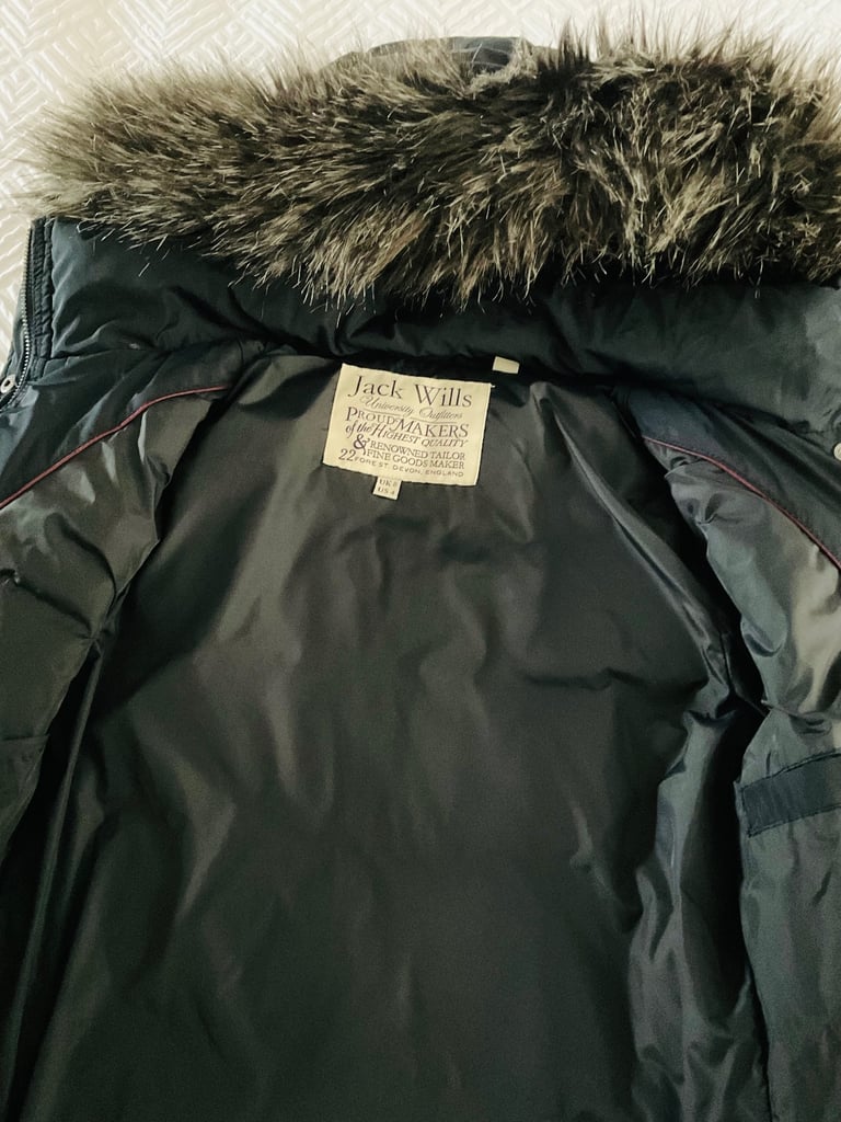Navy 3/4 Length Coat Size 8 From Jack Wills With Detachable Hood. Down Feathers