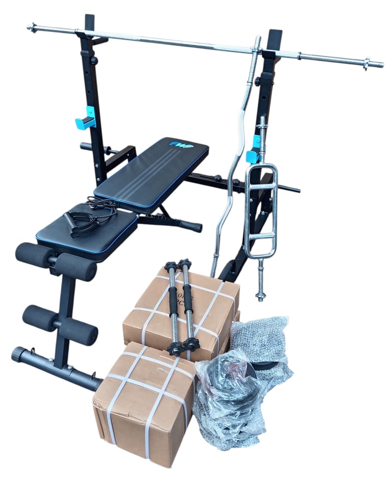 image for Weight bench, Rack, Bars and 79kg of vinyl weight 