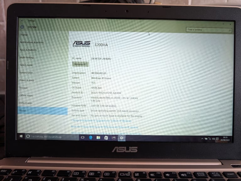 Asus E200HA Gold Notebook 12" Screen