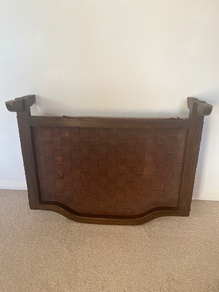 Arts and Crafts Oak and Woven Studded Leather Fire Screen. 
