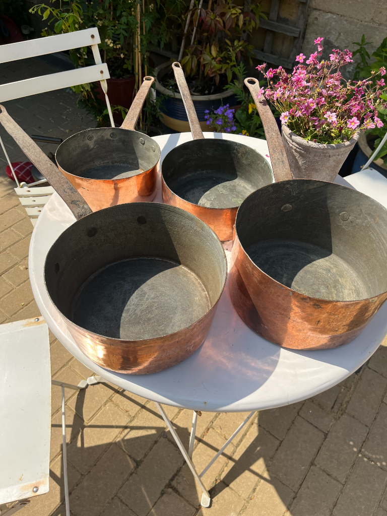 image for 4 Antique French Copper Saucepans with Hand Forged Iron Handles