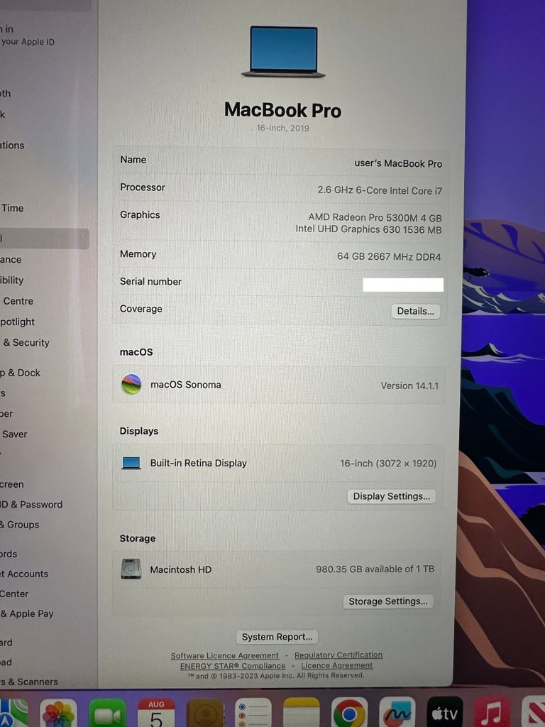MacBook Pro 16-inch 64GB RAM / 1TB SSD / 4GB GPU