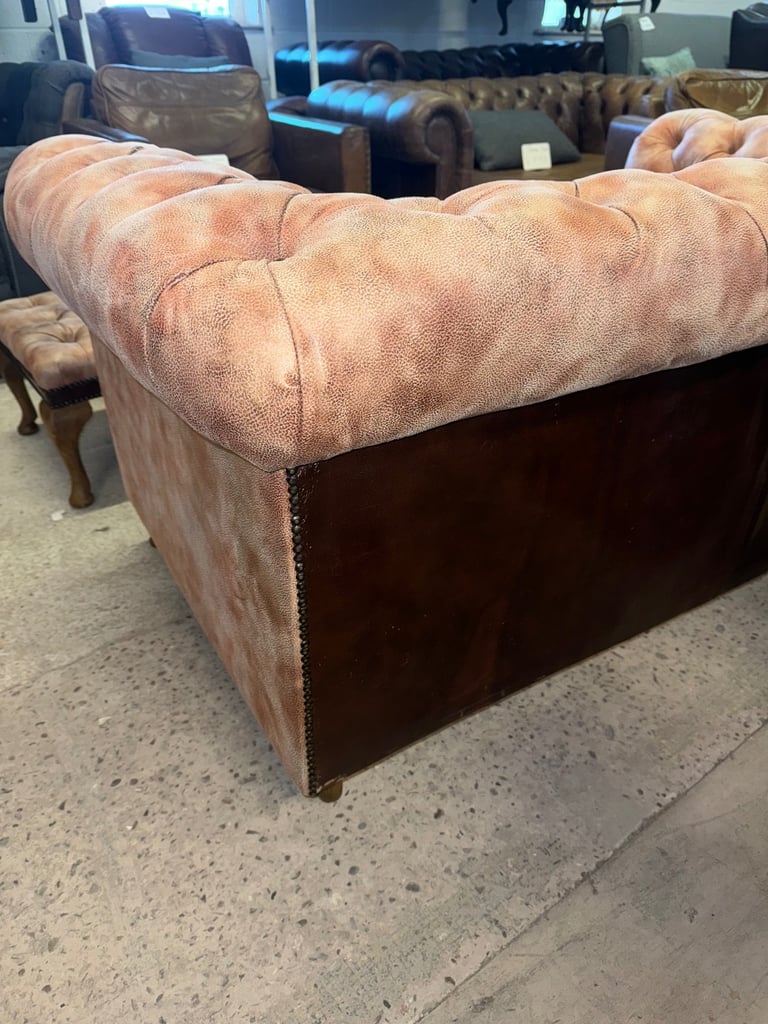 Chesterfield brown leather unique two seater sofa with footstool