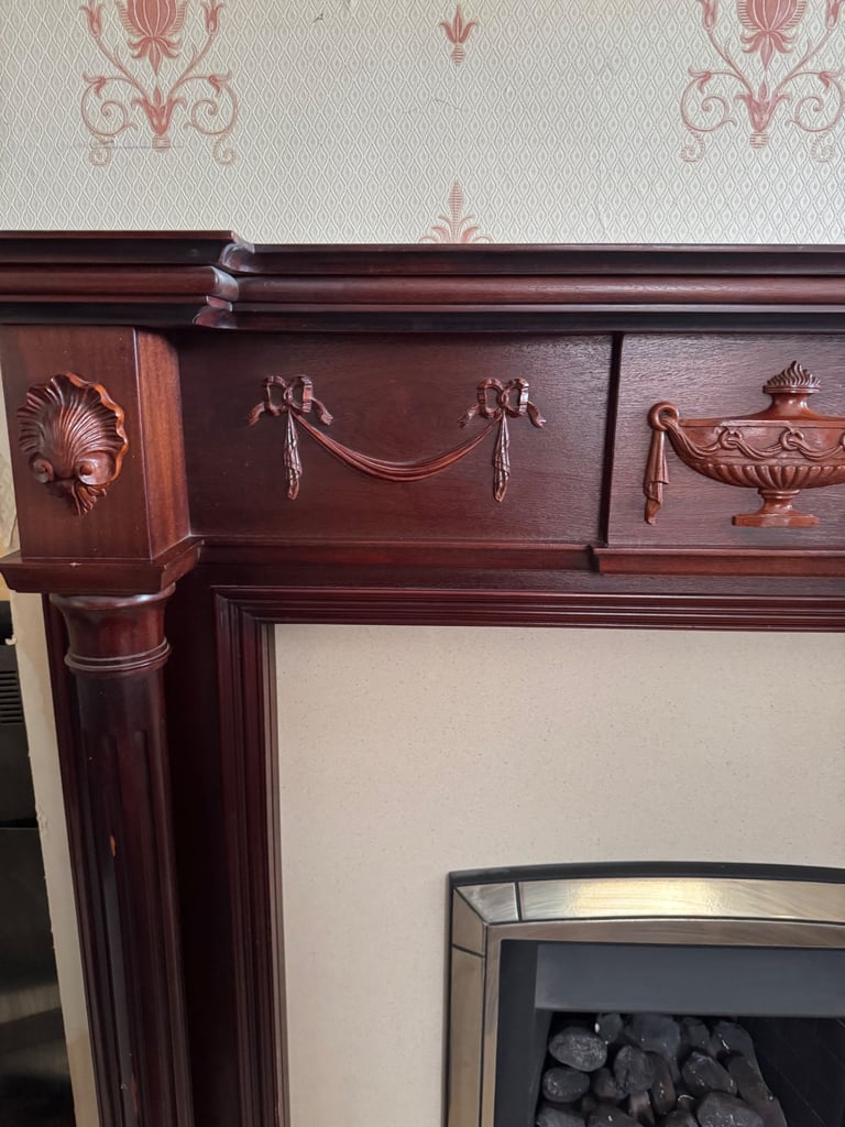 Wood fire surround marble heart and gas fire 