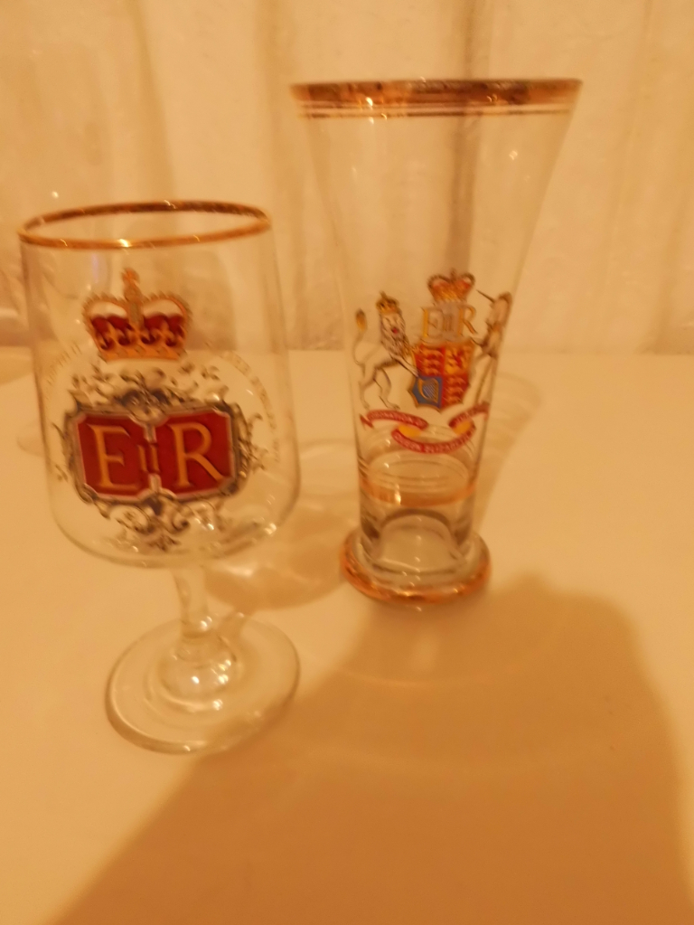 image for VINTAGE 1950s gilded  Queen Elizabeth coronation glasess+wine glass both perfect.
