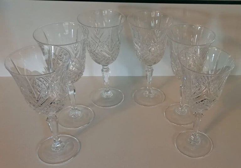 image for VINTAGE LEAD CRYSTAL CUT TALL HEAVY WINE GLASSES - SET OF 6
