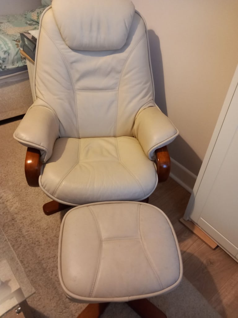 Cream leather  chair and foot stool