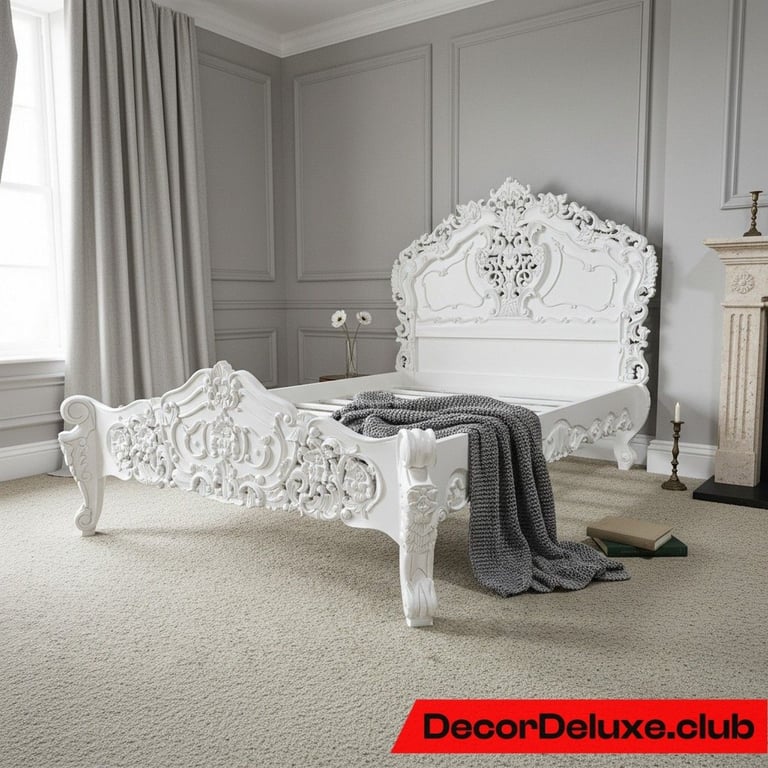 image for Solid Wood Double Bed Frame Ornate French Rococo - White Finish - Delivery Avail 022B