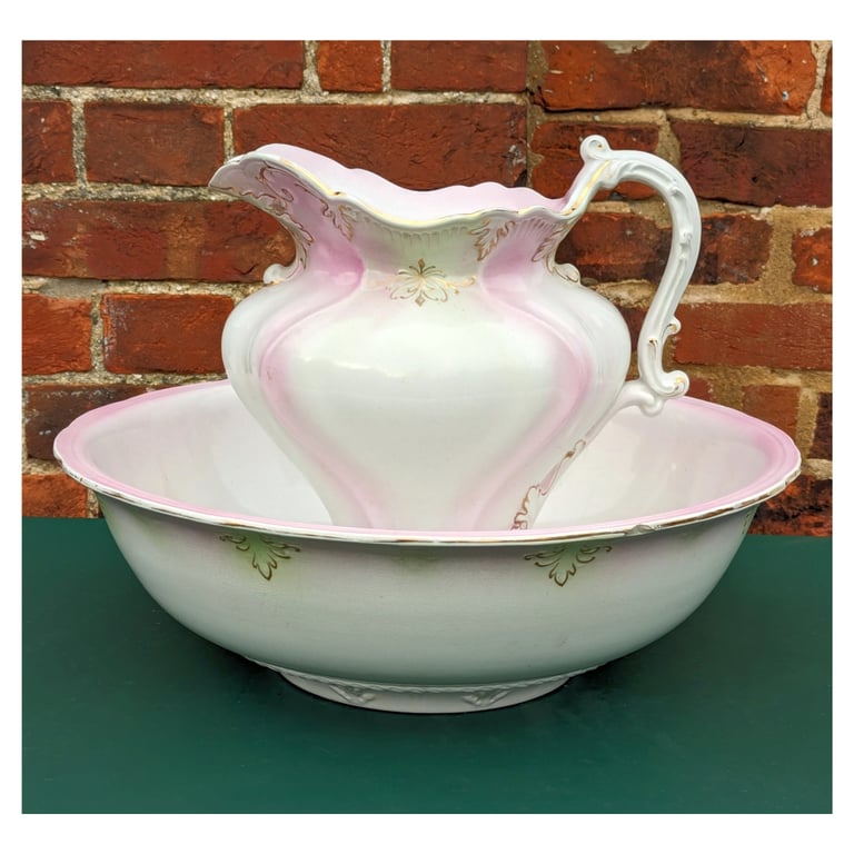 Antique Victorian Pink Jug & Bowl/Wash Basin & Pitcher Set