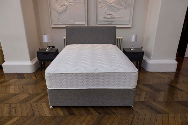 image for Grey Divan Double 4ft6 Bed With Headboard & Mattress ~~~~ BEST PRICE + FREE DELIVERY