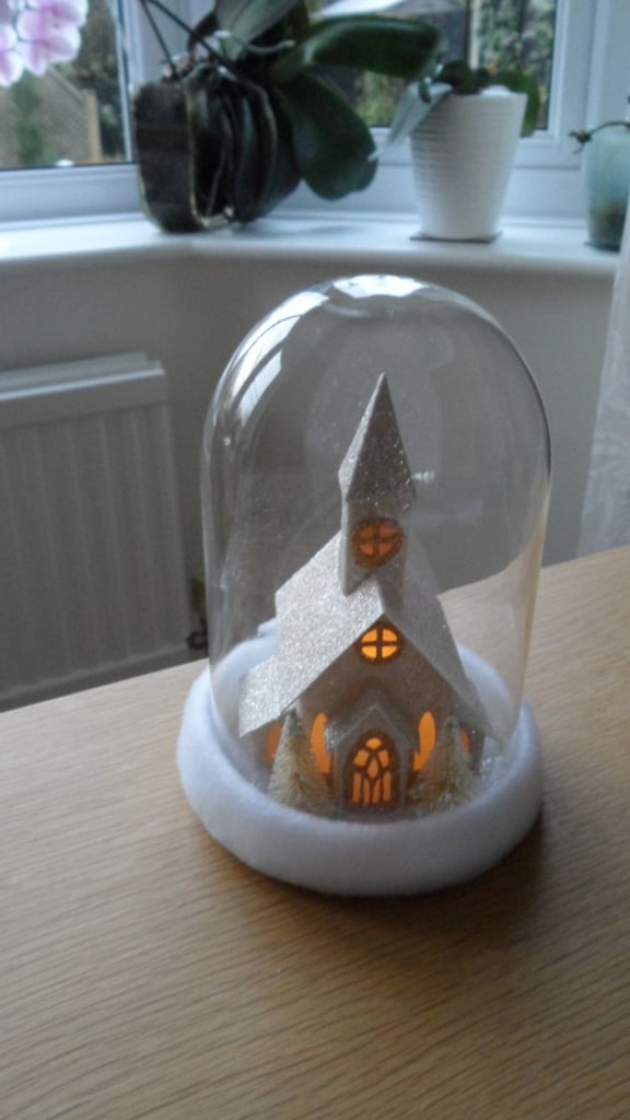 Xmas glass domed battery operated church ornament - new