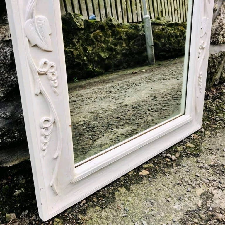 Antique Solid Oak Carved Mirror With Painted Heavy Wooden Frame 