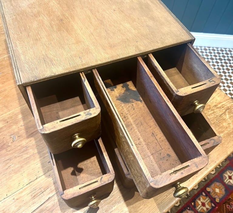 1950s oak six drawer sewing cabinet library drawer industrial antique vintage haberdashery storage