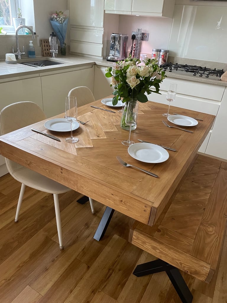Herringbone Design Dining Table with Bench