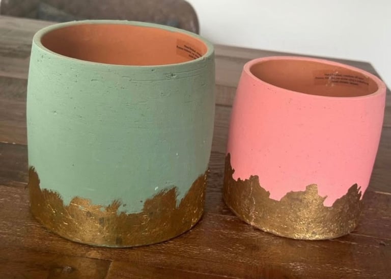 image for 2 x Oliver Bonas Ceramic Plant Pots Green and Pink with Gold