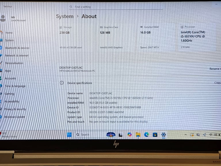 HP EliteBook 830 G7 FHD i5-10310U 1.70GHz 16GB Ram 256GB SSD Windows 11 Laptop