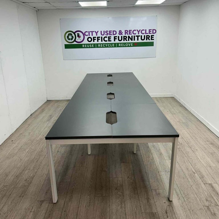8-Person Bench Desking – Grey/White, Scalloped Tops for Cable Management