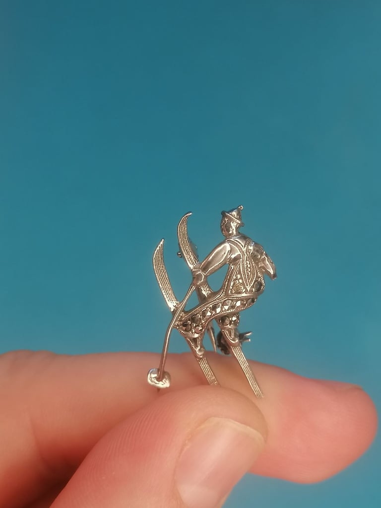 VINTAGE Brooch. Skier in mid - jump. 800  silver brooch. (missing one part as seen).