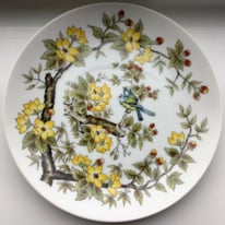 Pretty, vintage trinket dish, saucer. Blue tits, tree, yellow flowers