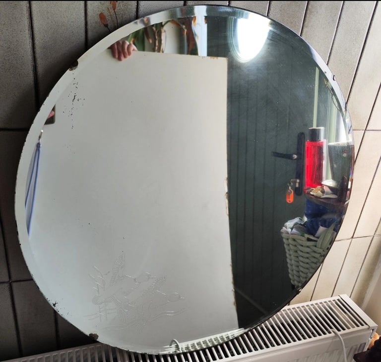 Vintage Art Deco Bevelled Edge Hanging Mirror flying ducks On Chain round etched