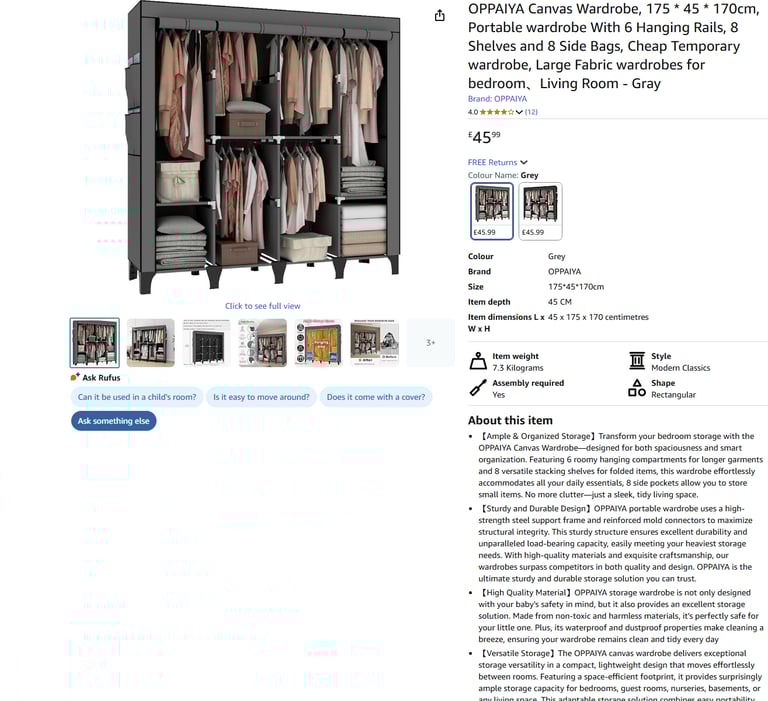 Canvas Wardrobe, 175*45*170cm, 6Hanging Rails, 8Shelves and 8 SideBags|| Brand new 50% off price 