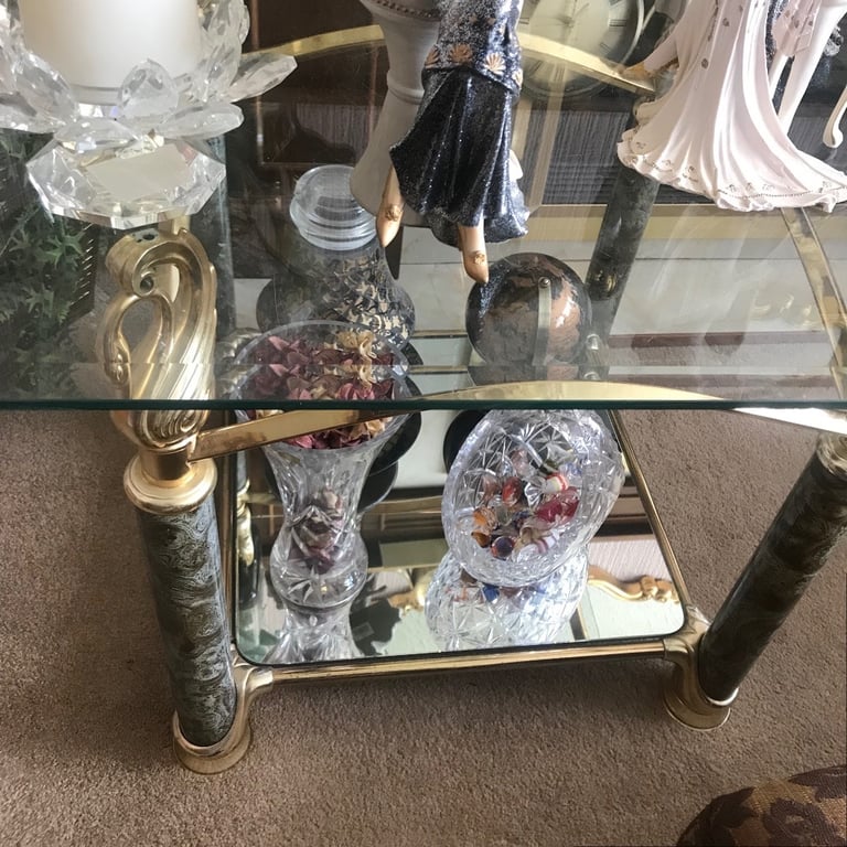 Two Matching Mirrored & Glass Side Tables with Marbled Legs & Swans